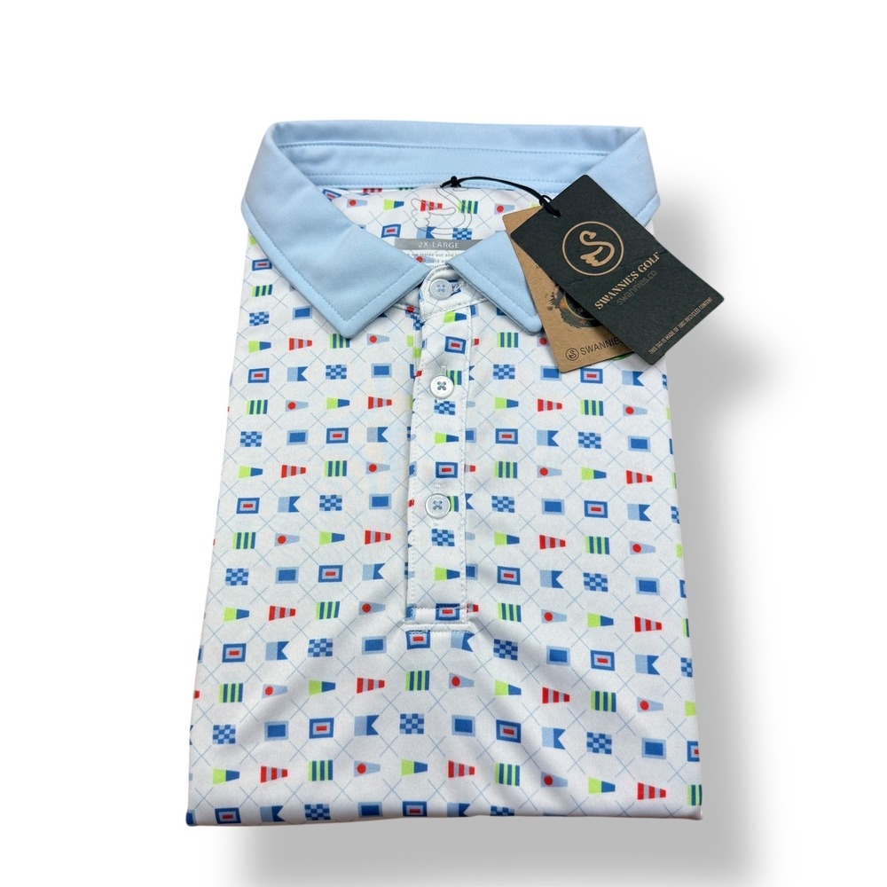 Swannies Golf Polo Shirt Mens XXL White Nautical‎ Flags Print Short Sleeve NWT